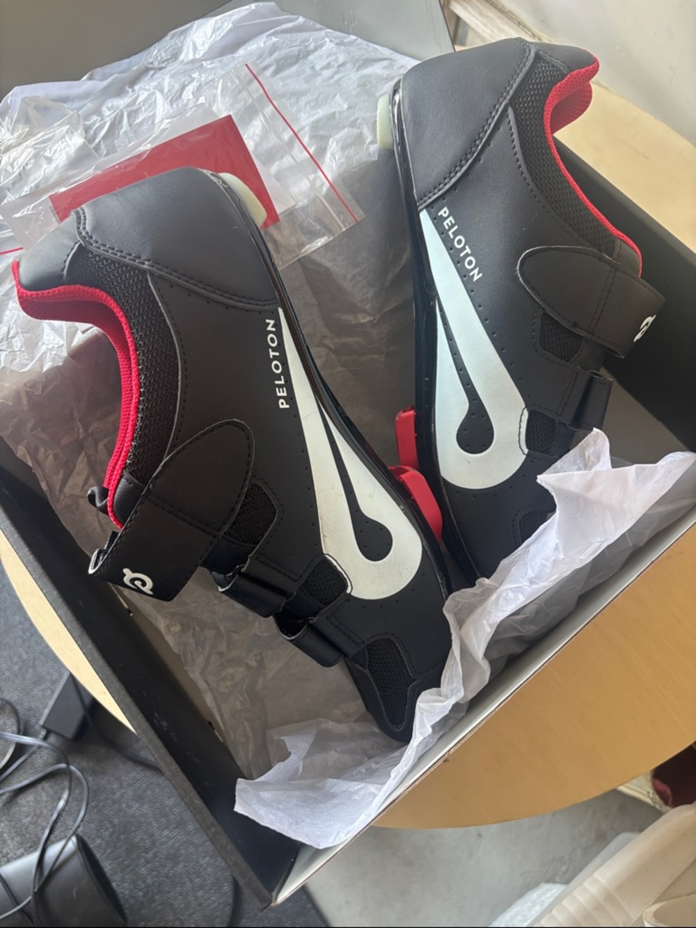 Peloton Black Cycling Shoes with White Accents and Red Trim
